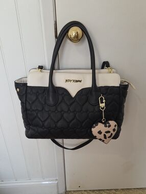 Betsey Johnson Black and White Quilted Satchel with Heart Charm